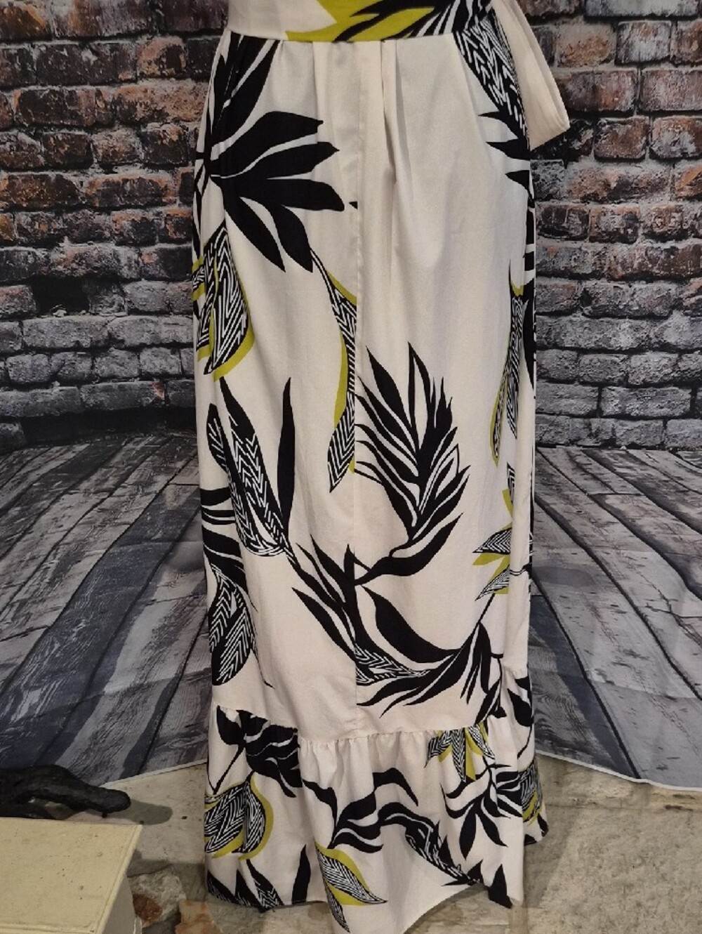 Sleeveless Cream Maxi Dress with Black & Yellow Leaf Print and Waist Tie - Picture 10 of 10